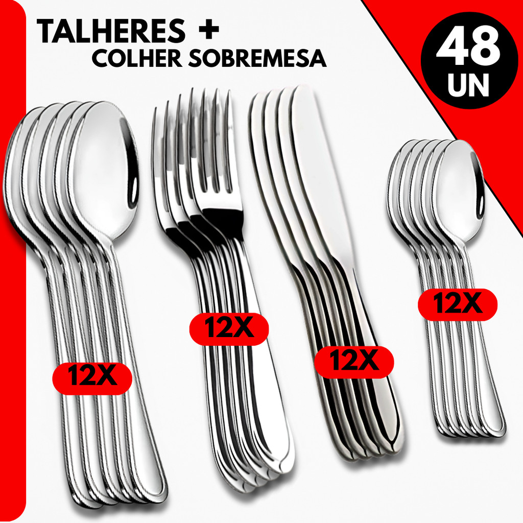 Kit 48 Talheres Inox Premuim- Colheres, Garfos, Facas e Colheres de Sobremesa para Jantar, Bares, Re
