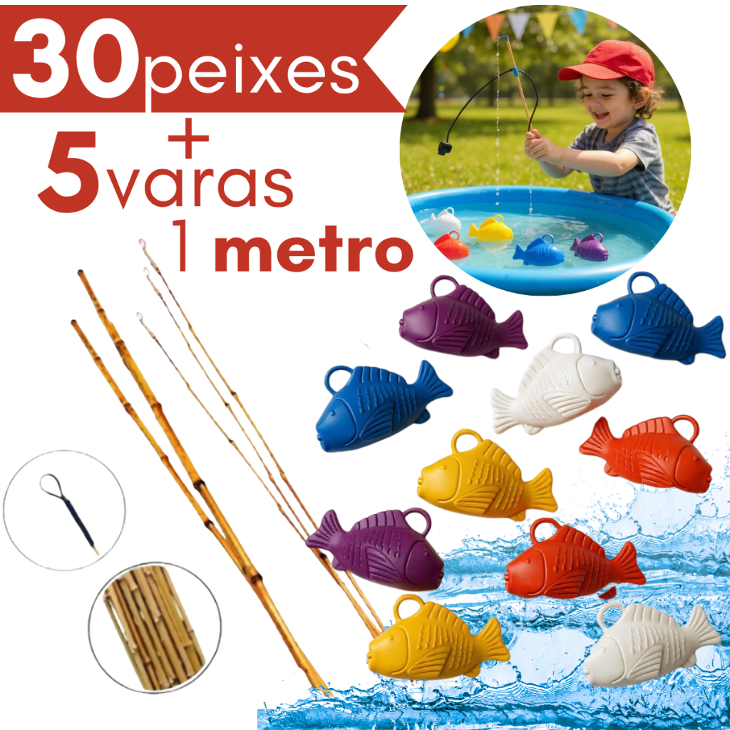Kit 10, 20 OU 30 Peixes + 1,2,3 OU 5 Varas de 100cm 1 metro Festa Junina Pescaria Brincadeira Jogos