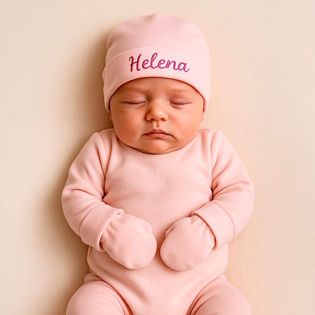 Kit Touca Personalizada E Luva RN 2 Peças Rosa Com O Nome Da Bebê Enxoval Do Bebê Para A Maternidade