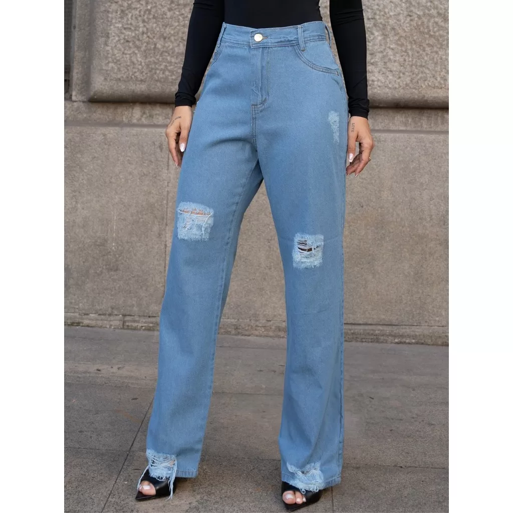Calça Mom Jeans Feminina Cintura Alta Bolso Traseiros