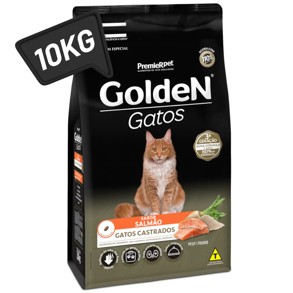 Ração Golden Salmão 10kg para Gatos Castrados de Todos os Portes