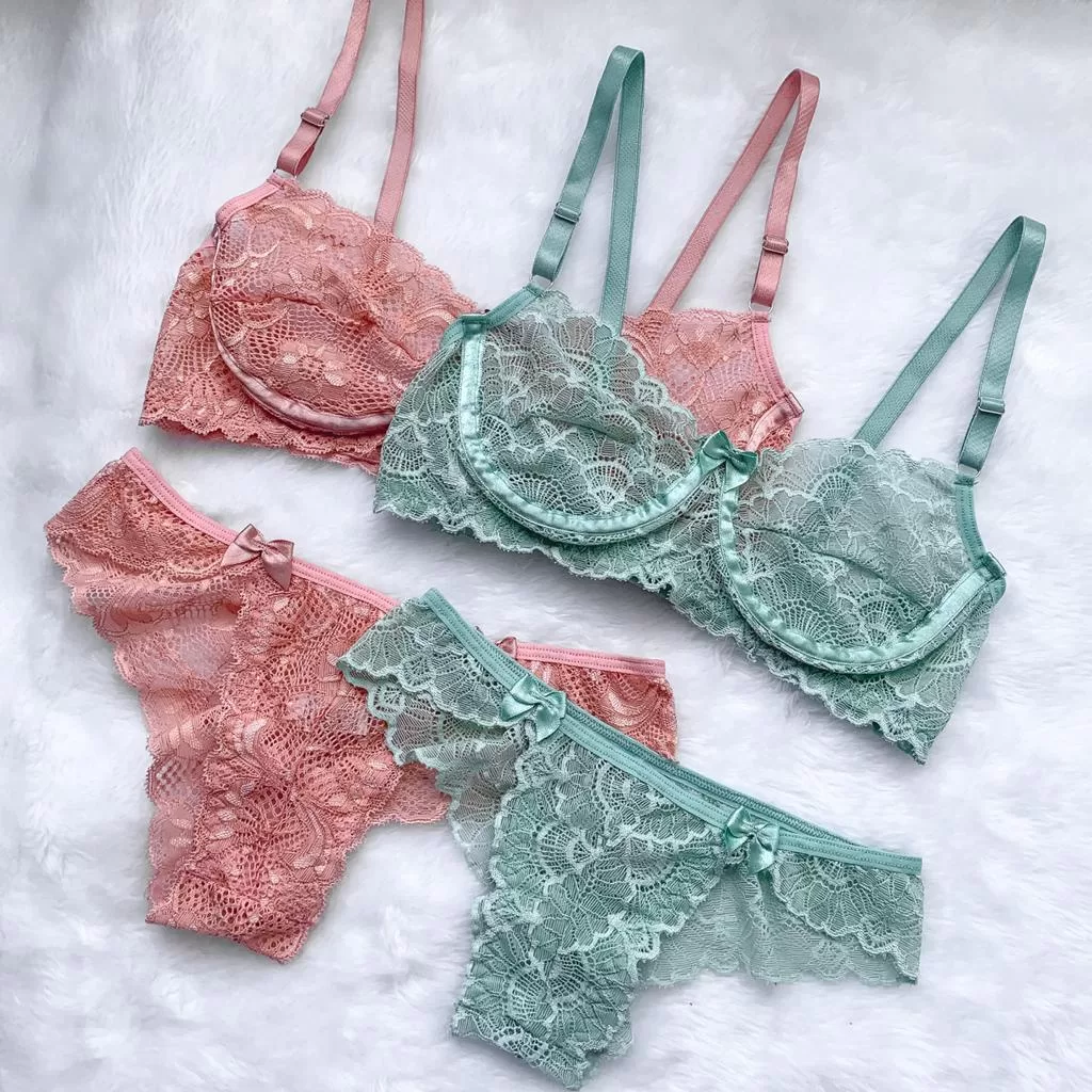 Conjunto Lingerie Sutiã De Renda Sem Bojo Com Arco Meia Taça Calcinha Tanga Langerie Sexy