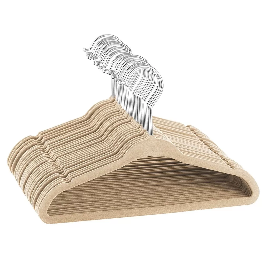 Kit 50 Cabides De Veludo Slim Ultra Finos Antideslizante Bege