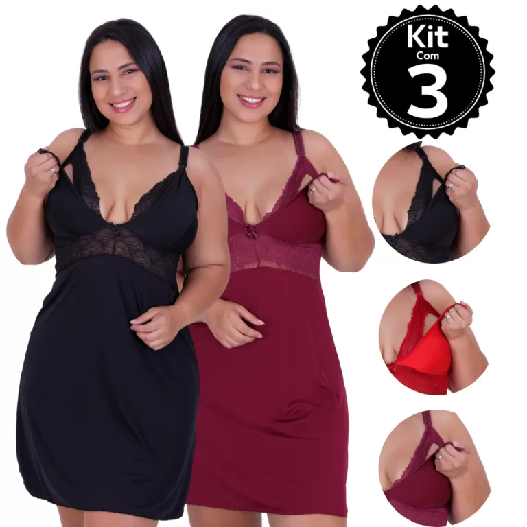 Kit 3 Camisola Amamentação Plus Size Pijama Gest