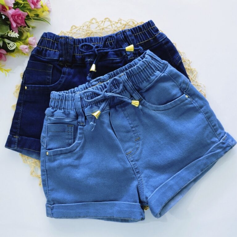 Shorts Jeans Elástico Feminino Infantil Bolsos Ve