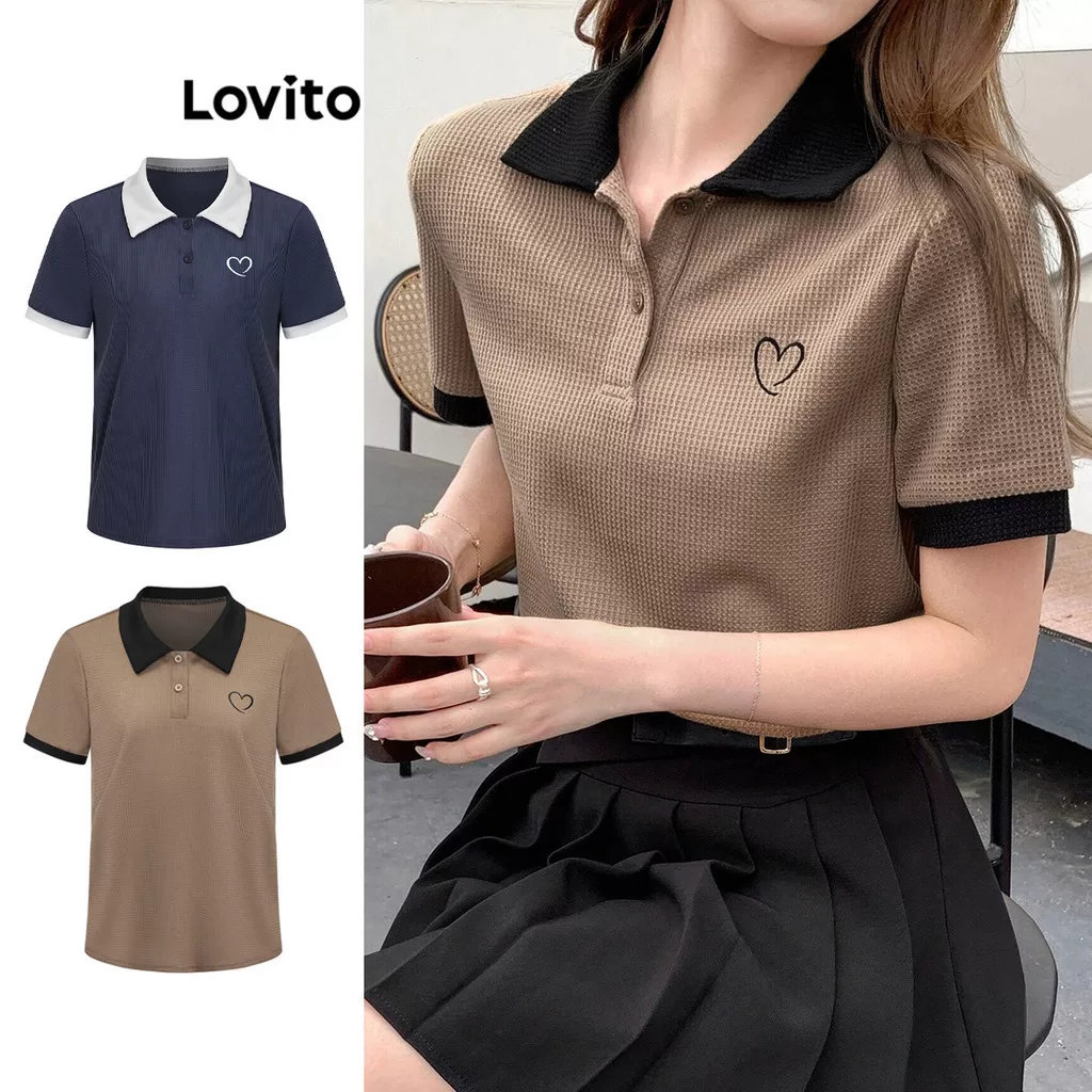Lovito Casual Camiseta Feminina Polo com Coração Colorblock de Tricô L71ED030 (Cáqui Claro/Azul)
