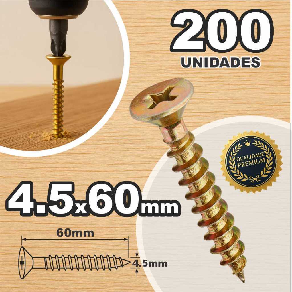 Caixa Parafuso  4,5 X 60mm 6cm 200un Cabeça Chata Philips Chipboard Para Moveis Madeira MDF Drywall