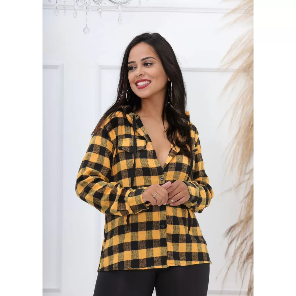 Camisa Feminina Flanelada Xadrez Blusa Flanelado Feminina Camisa Flanelada Xadrez Feminina com Touca