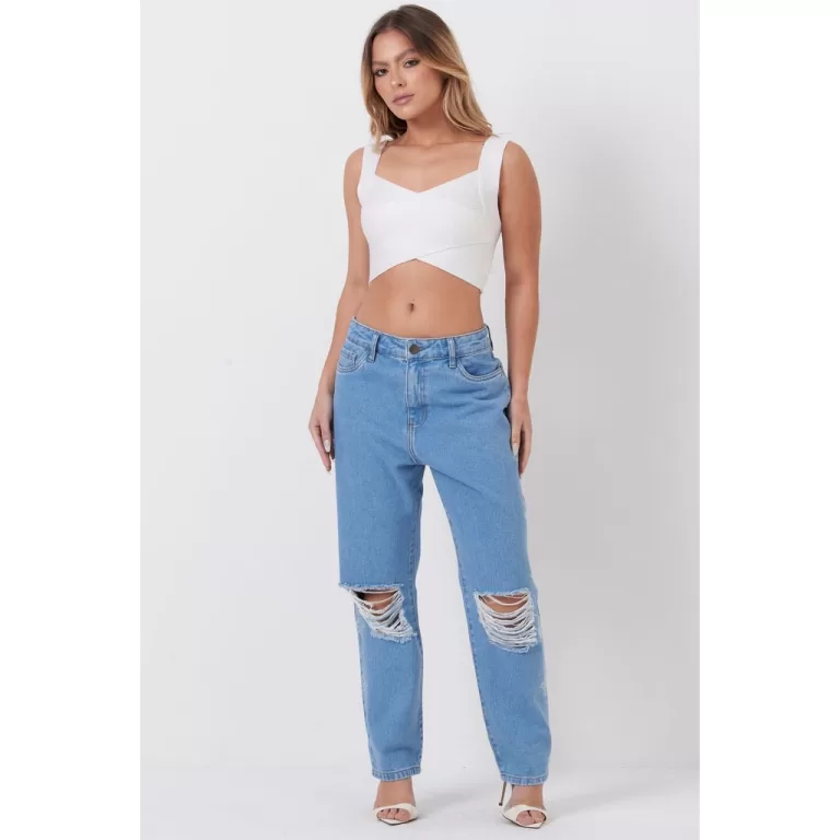Calça Jeans Feminina Destroyed Com Strass Planet 