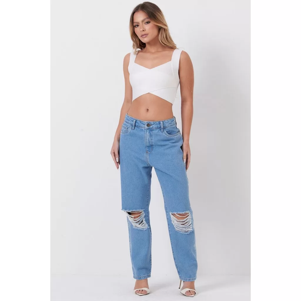 Calça Jeans Feminina Destroyed Com Strass Planet Girls Azul Médio