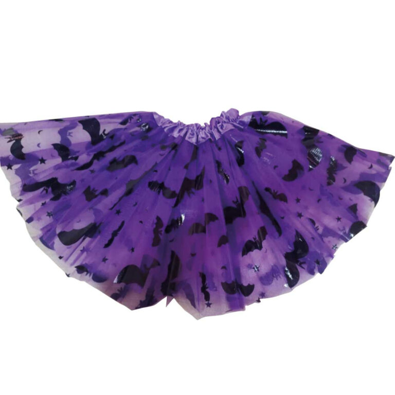 Saia Tule Halloween Roxo Com Estampa Morcegos