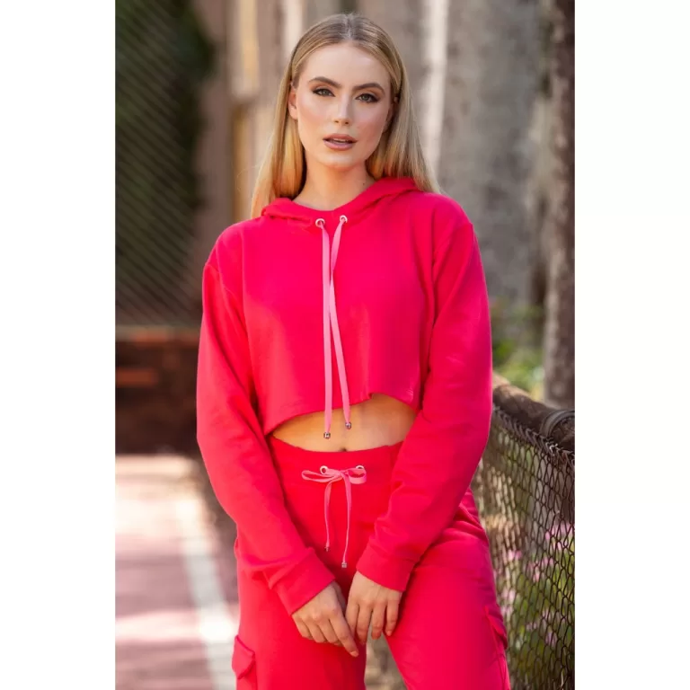 Blusa Cropped Moletom com Capuz Pink