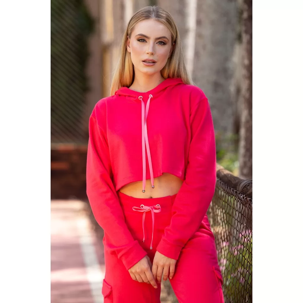 Blusa Cropped Moletom com Capuz Pink