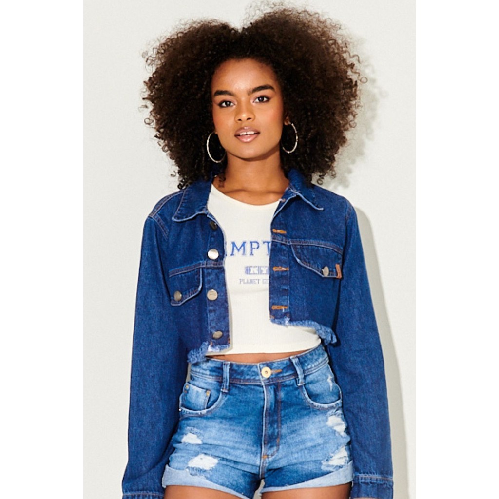 Jaqueta Cropped Feminina Barra Desfiada Planet Girls Jeans Escuro
