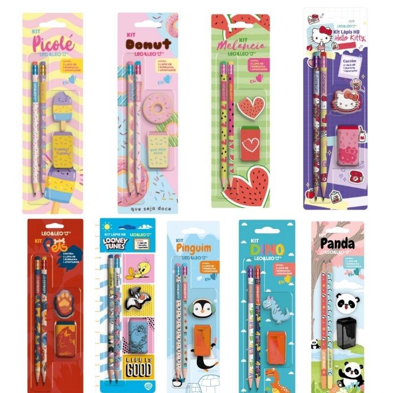 Kit Escolar 4 peças lápis apontador borracha hello kitty docinho donut dinossauro panda