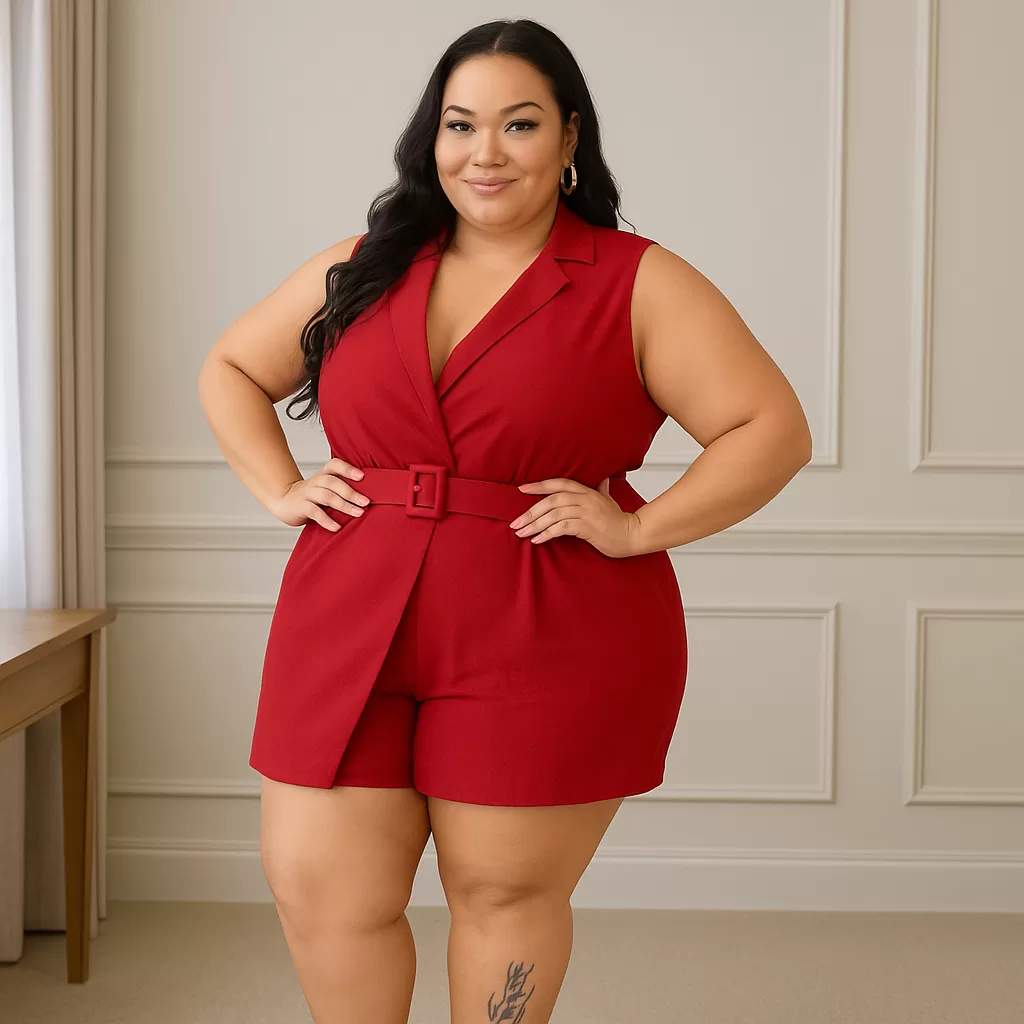 Macaquinho Feminino Alfaiataria com Cinto Plus Size Curvy