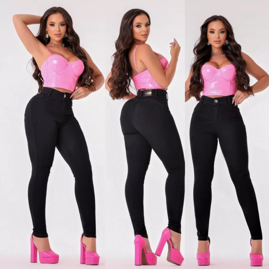 Calça Jeans Feminina Preta Cos Alto Tecido  Premium Com Elastano