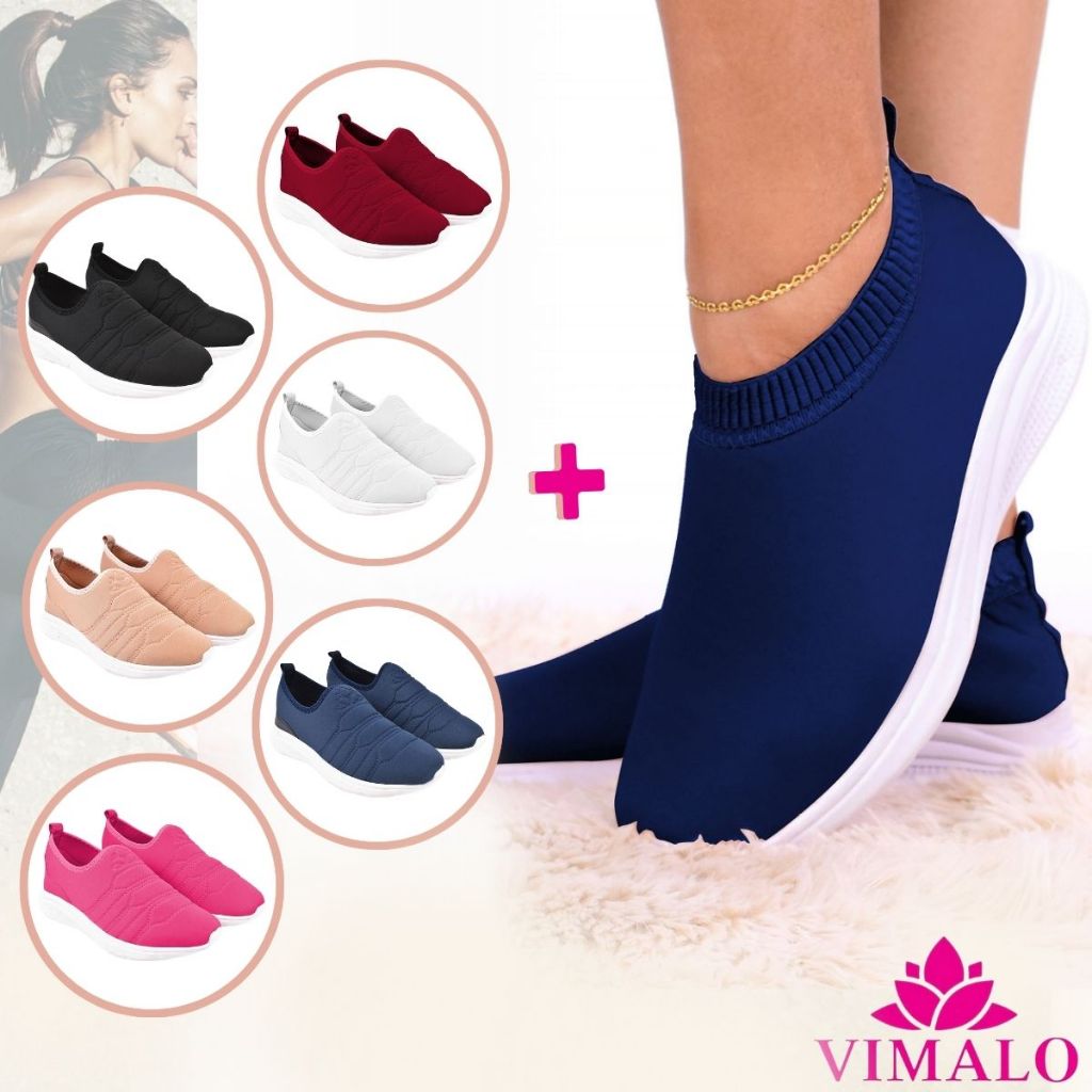 KIT 02 PARES Tênis Feminino Meia Calce Fácil Slip On Leve Flexível Confortável Para Caminhada Academ