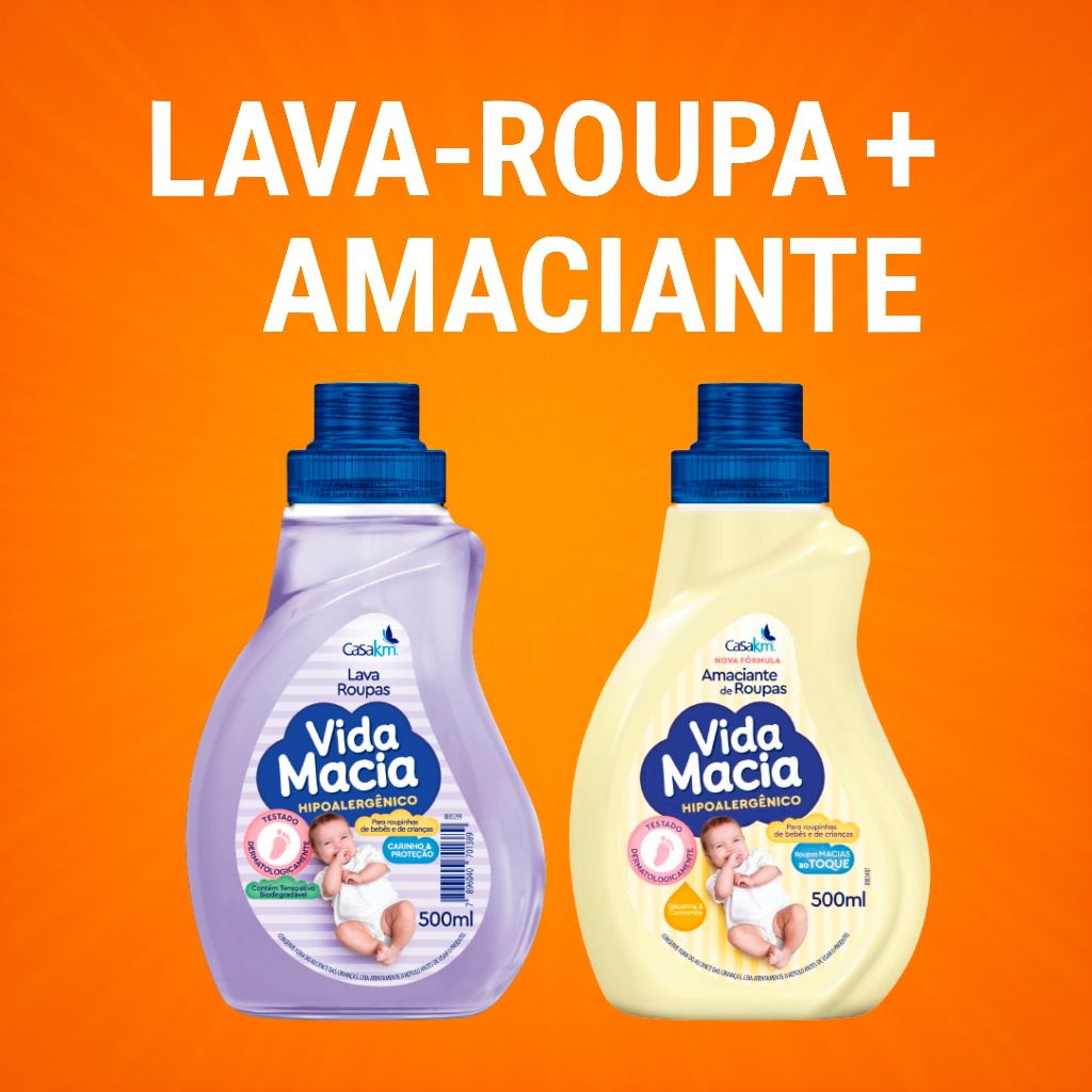 Lava Roupas e Amaciante Vida Macia Bebe Bebê 500ml Opção de Kit