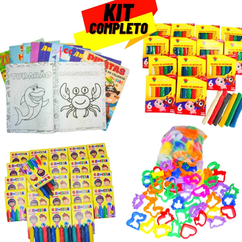 15 Massinha Modelar + 15 Giz de Cera + 15 Colorir + 30 Cortador p/ Kit Festa Lembrancinha Infantil
