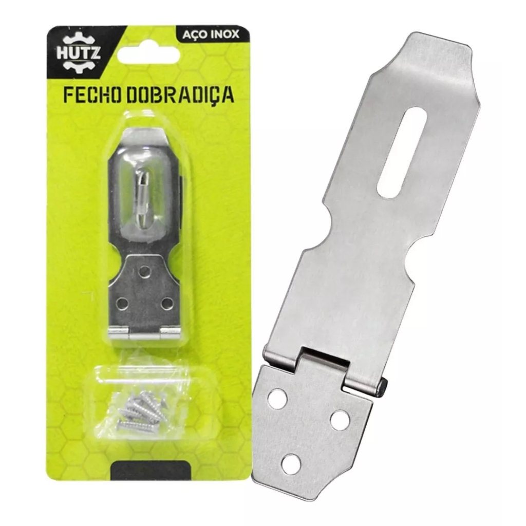 Fecho Dobradiça Trinco Porta Cadeado Portão Aço Inox Antifurto 12,5cm + Parafusos