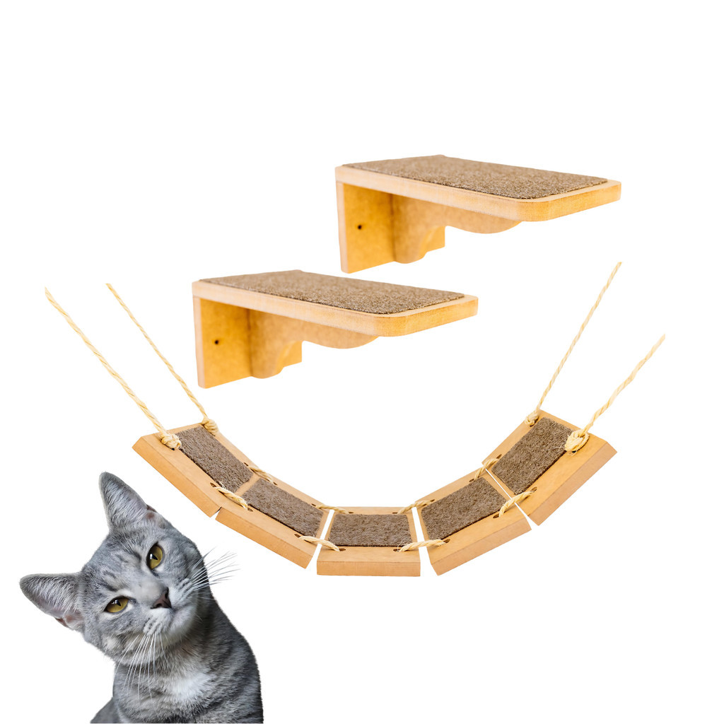 Kit Playground Ponte Para Gatos – 3peças 2 Degraus P e 1 Ponte com Carpete Parque Gato Playground