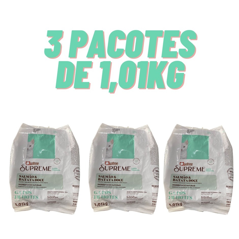 Kit Ração 1kg 1, 2, 3 Pacotes Quatree Supreme gatos FILHOTES Salmão e batata doce Alimento premium