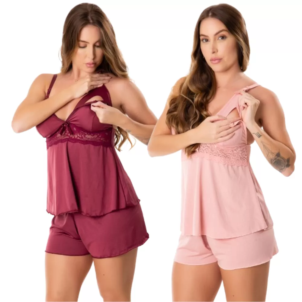 Kit 2 Short Doll Amamentação Com Click Abre Fácil Gestante Baby Doll Pós Parto Pijama Maternidade