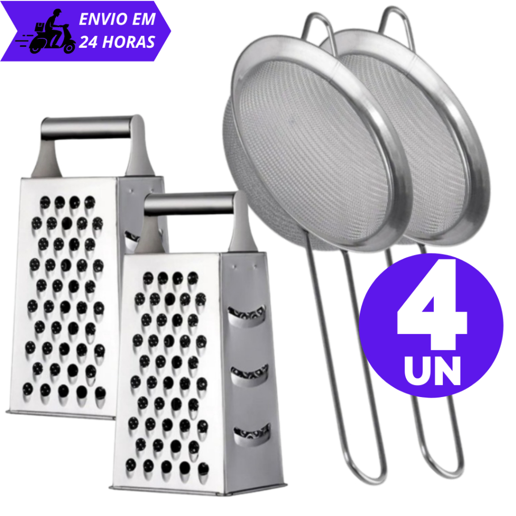 Combo Peneira Grande e Ralador 4 Faces Aço Inox para Restaurante Cozinha Bar Padaria