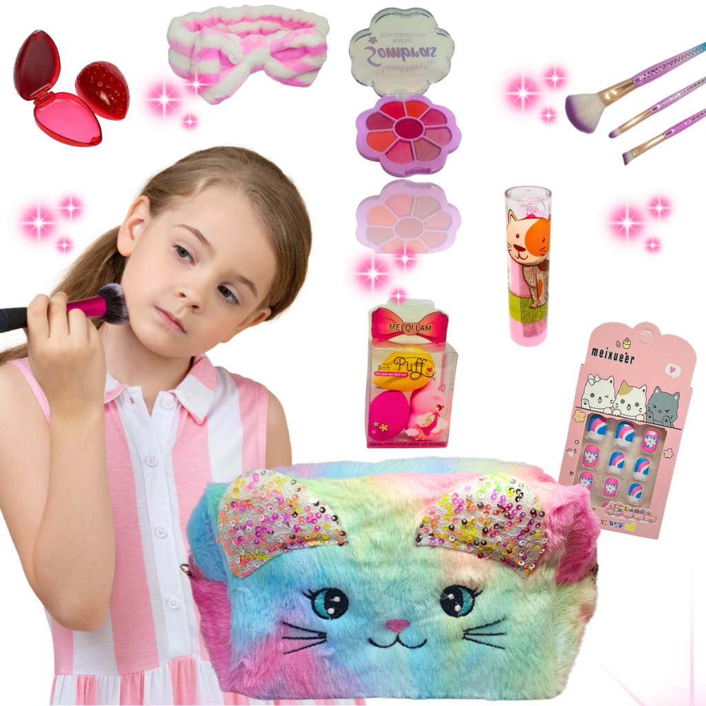 Kit Maquiagem Infantil Criança Bolsinha Batom Gloss Sombra Pincel Faixa de Cabelo Tiara de Laço Unha