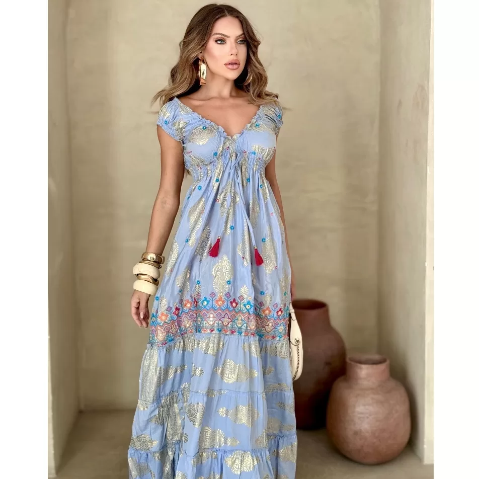 Vestido de Seda ciganinha Ombro a Ombro