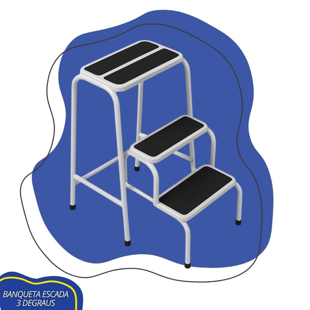 Banqueta Escada 3 Degraus Dobrável Aço Super Resistente Leve Suporta 110kg Ideal Multifuncional