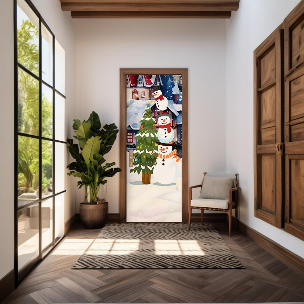 Capa De Porta Em Tecido Sublimado 2,0×0,8m C/ Elástico Decoração Tema Natal Boneco de Neve Decoração