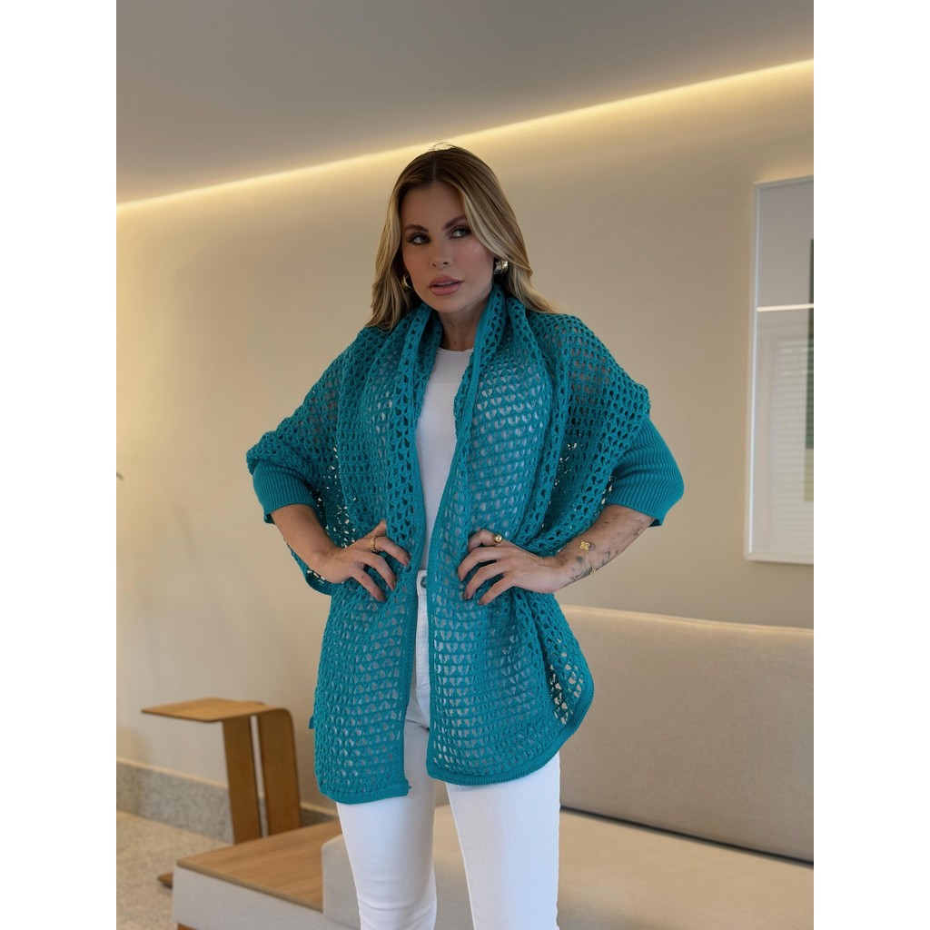 Tricô Rendado Estilo Kimon Capa Colete Feminino