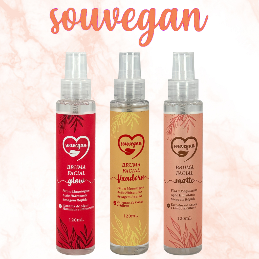 Kit 3 Bruma Facial Glow Fixadora Matte Souvegan Lançamento Maquiagem Vegana