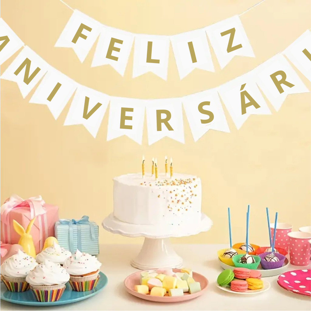 Bandeira, Faixa Decorativa Feliz Aniversário, Letras Douradas, Pratas Metalizadas e fosca