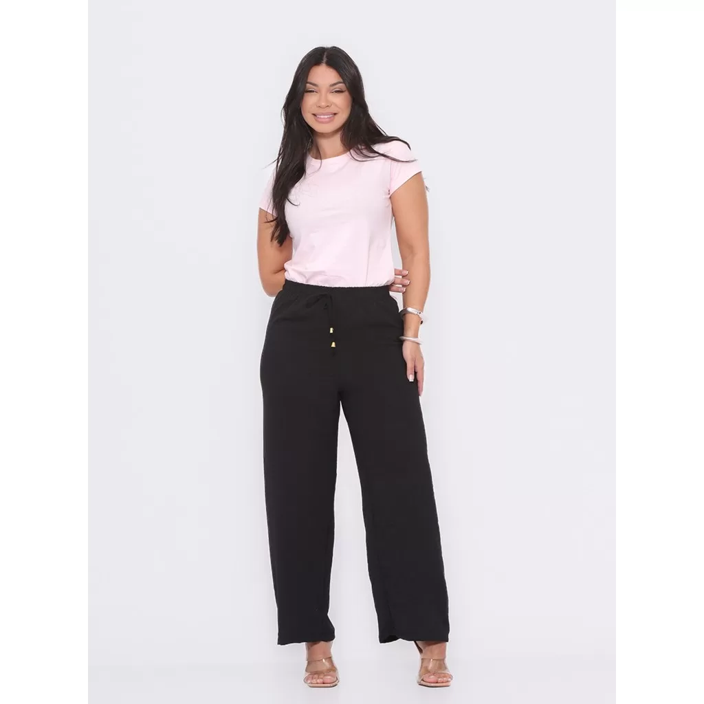 Calça Pantalona Duna Elástico Cintura Lisa Crepe Elegante Fresquinha