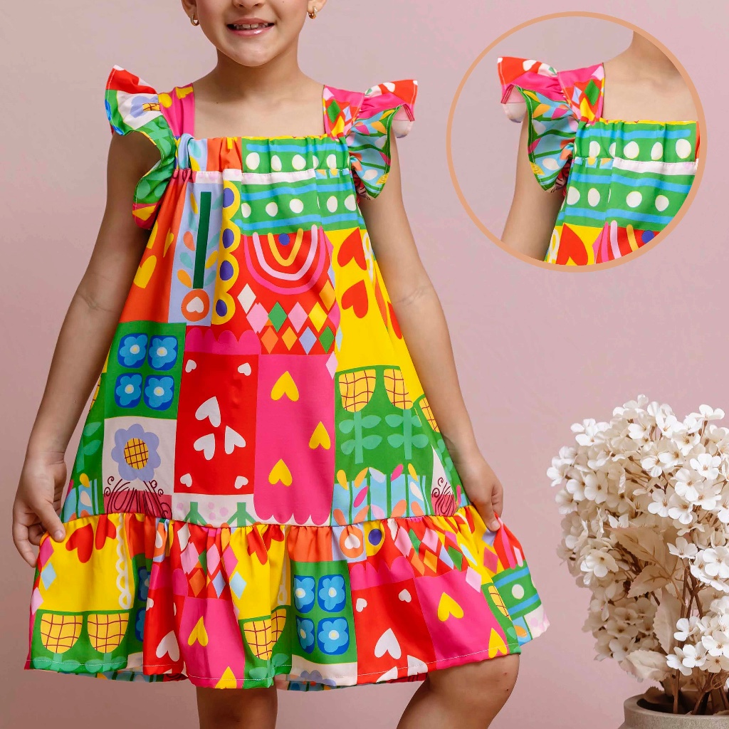 Vestido Infantil Estampado Colorido Bloguerinha Luxo Casual Delicado de 4 a 12 Anos