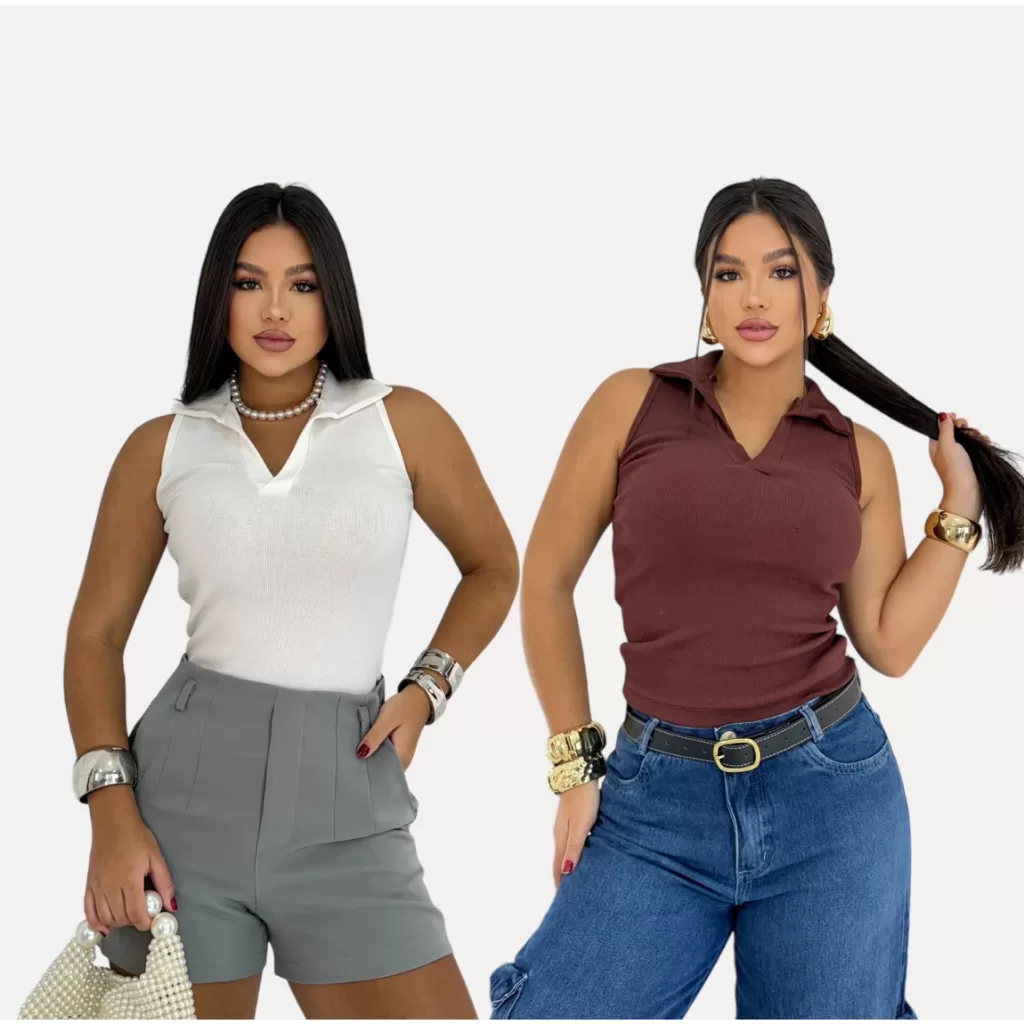 Blusa Básica Feminina Gola Polo Baby look T-shirt Coladinha Ribana Canelada Verão