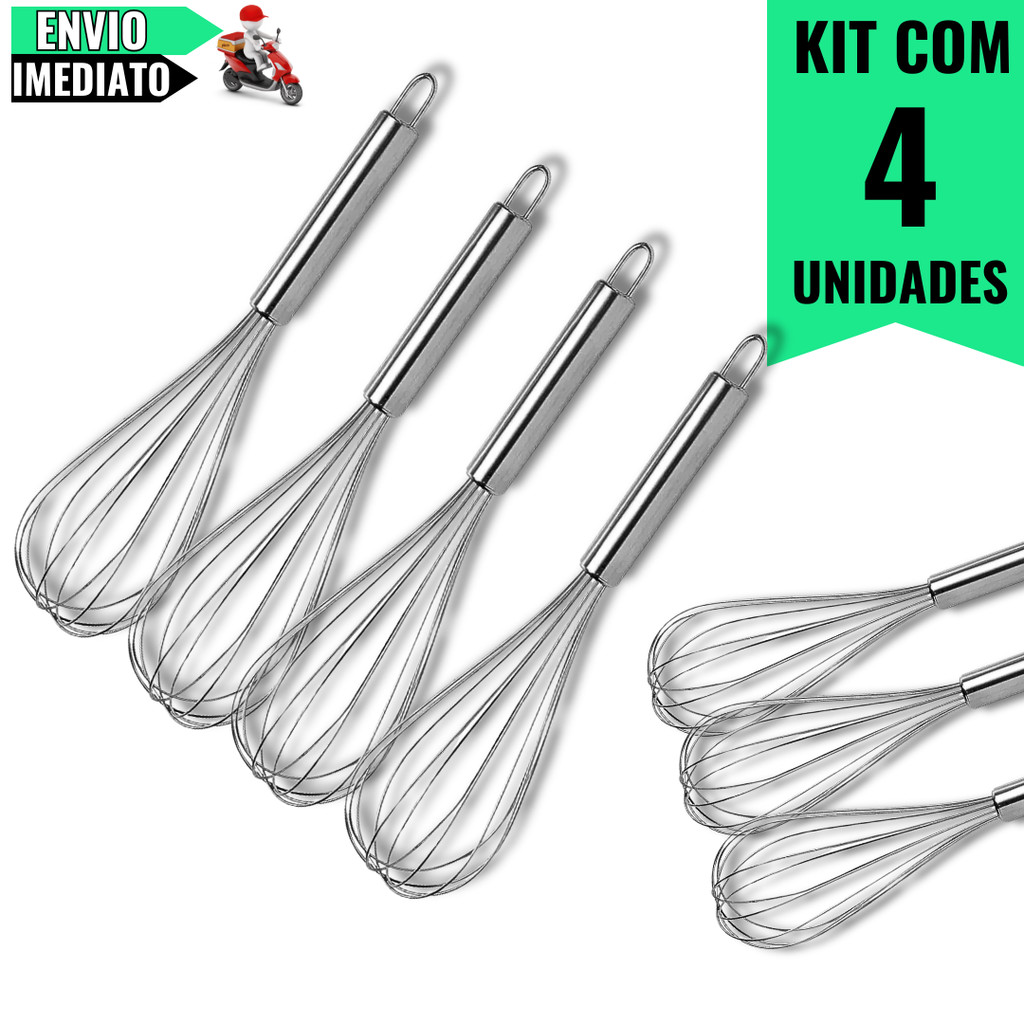 Kit com 4 Batedores de Ovos em Aço Inox 30cm  Versatilidade para Receitas Profissionais e Domésticas