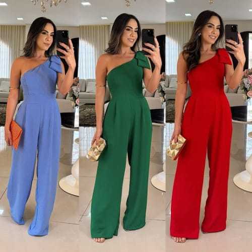 Macacão Feminino Longo Pantalona Ombro com Laço 