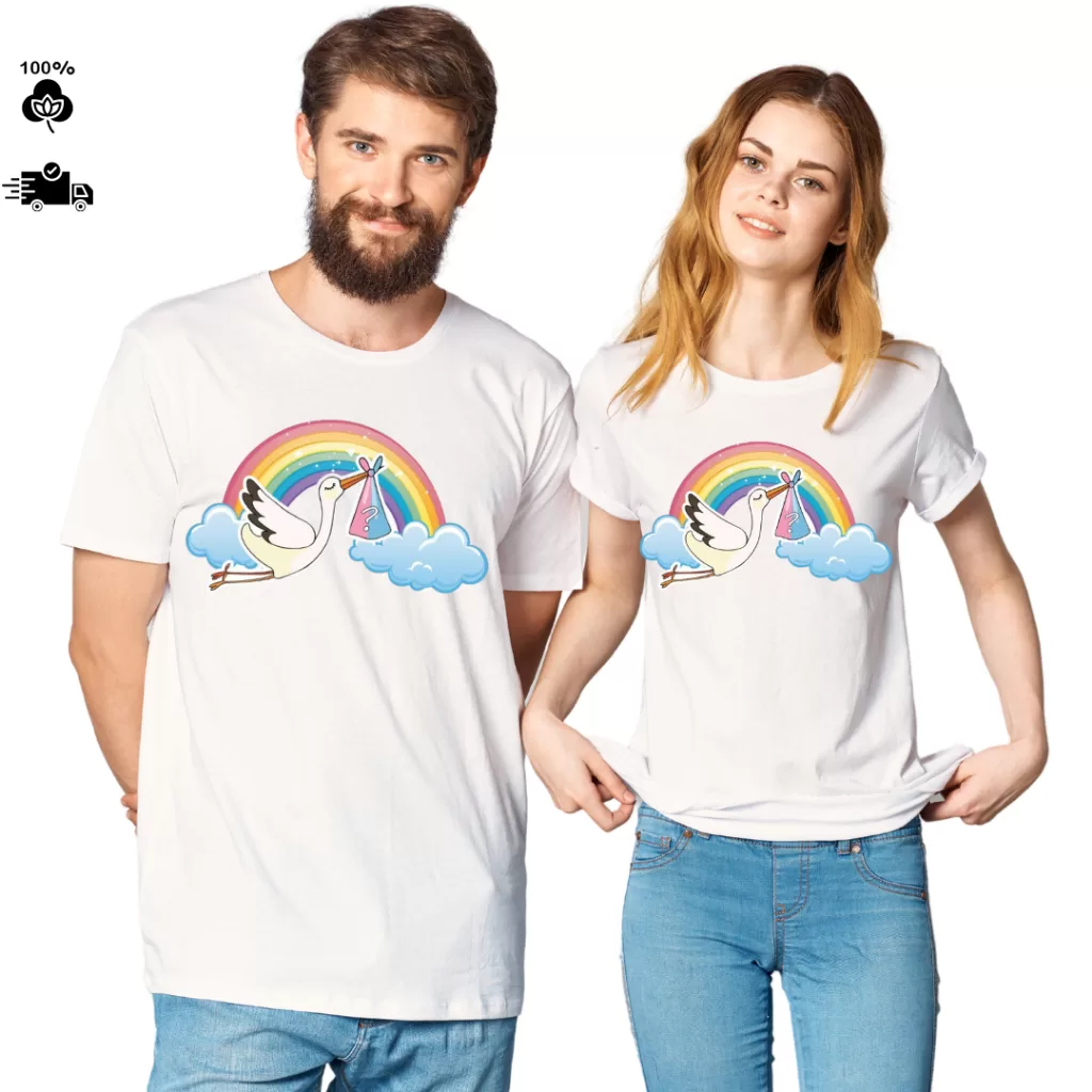 Camiseta Chá Revelção Bebê Arco Irís Camisa 100% Algodão Branca Gola Redonda Masculina Feminina