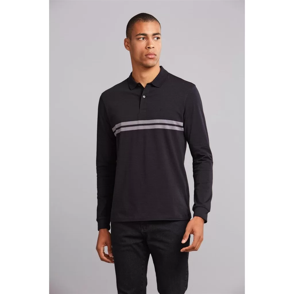 Polo Manga Longa Malha Slim Fit – Preto / Cinza Escuro