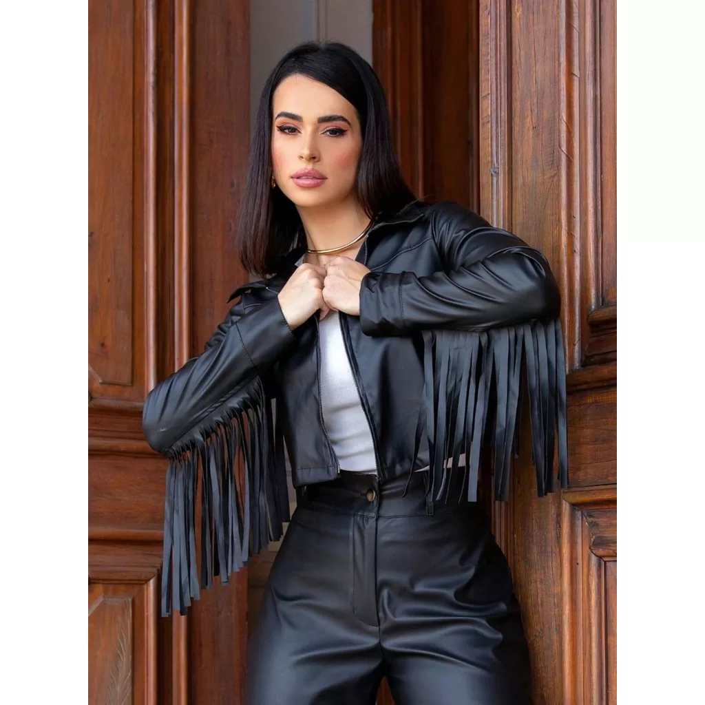 Jaqueta  manga longa feminina gola social de ziper na frente aberta com franjas estilosa moda Rodeio