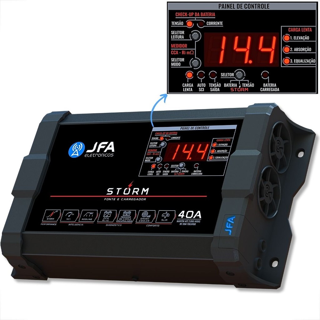 FONTE CARREGADOR AUTOMOTIVO JFA 40A AMPERES STORM PLUS SISTEMA INTELIGENTE MODELO NOVO