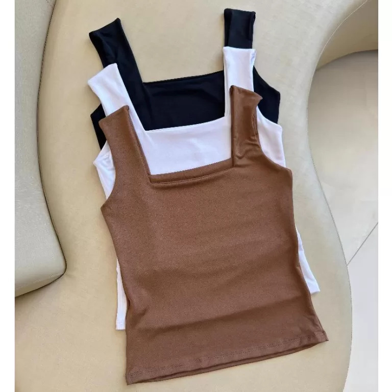 Kit 3 Blusas Feminina Regata Decote Quadrado Reto 