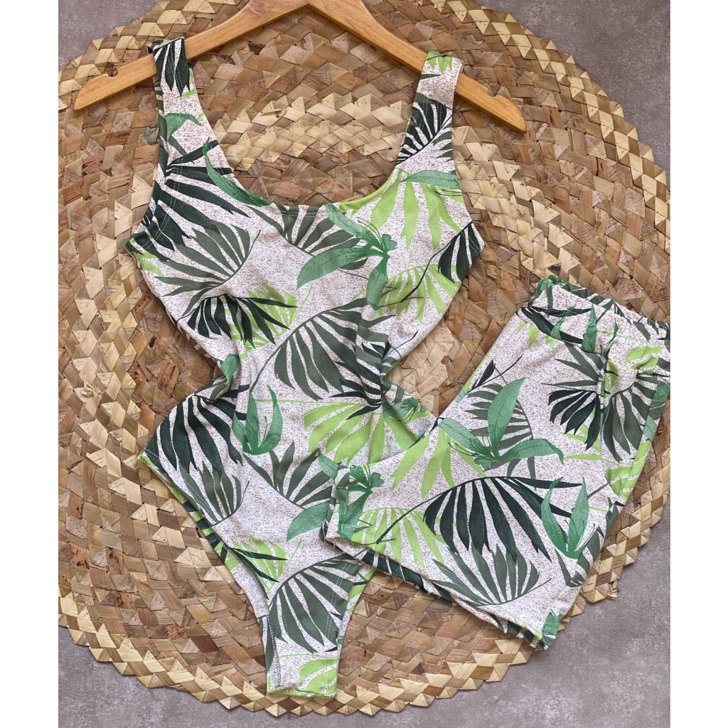 Conjunto Body Maio Suplex Feminino Estampado Short Cintura Alta Verão Tendência Moda Blogueira Bory
