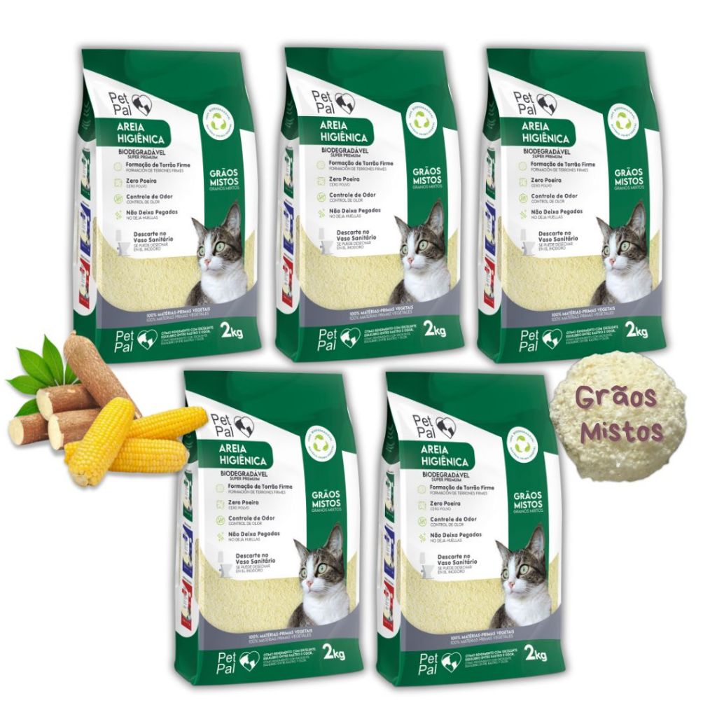 Areia Higiênica Biodegradável Para Gato Mandioca e Milho PetPal Grãos-Mistos