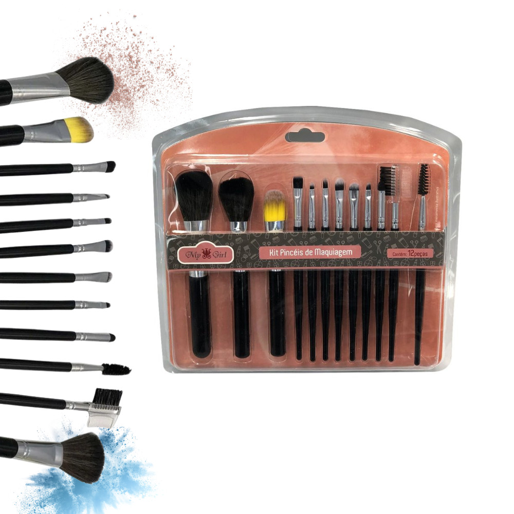 Kit Maquiagem 12 Peças – Pincel Nylon para Blush Sombra Pó Finalizador Contorno Cílios