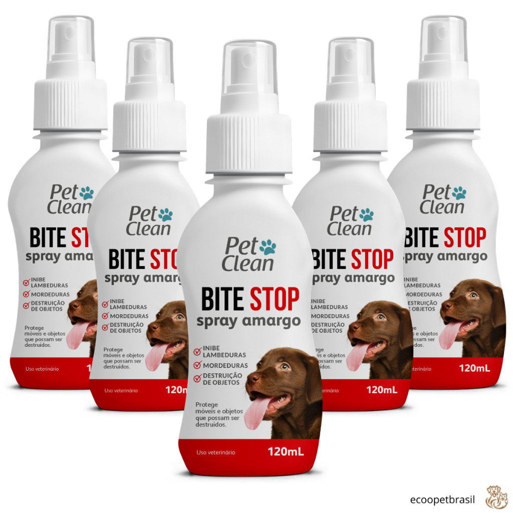 Kit 5 Bite Stop Pet Clean Spray Adestrador Amargo Repelente Amargo para Cachorro